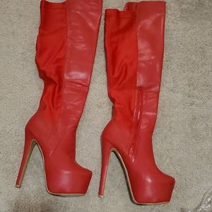 Red platform over the knee boot